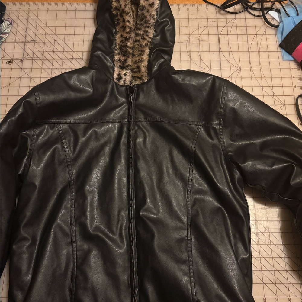 Women's Black Faux Pleather Jacket with Hood